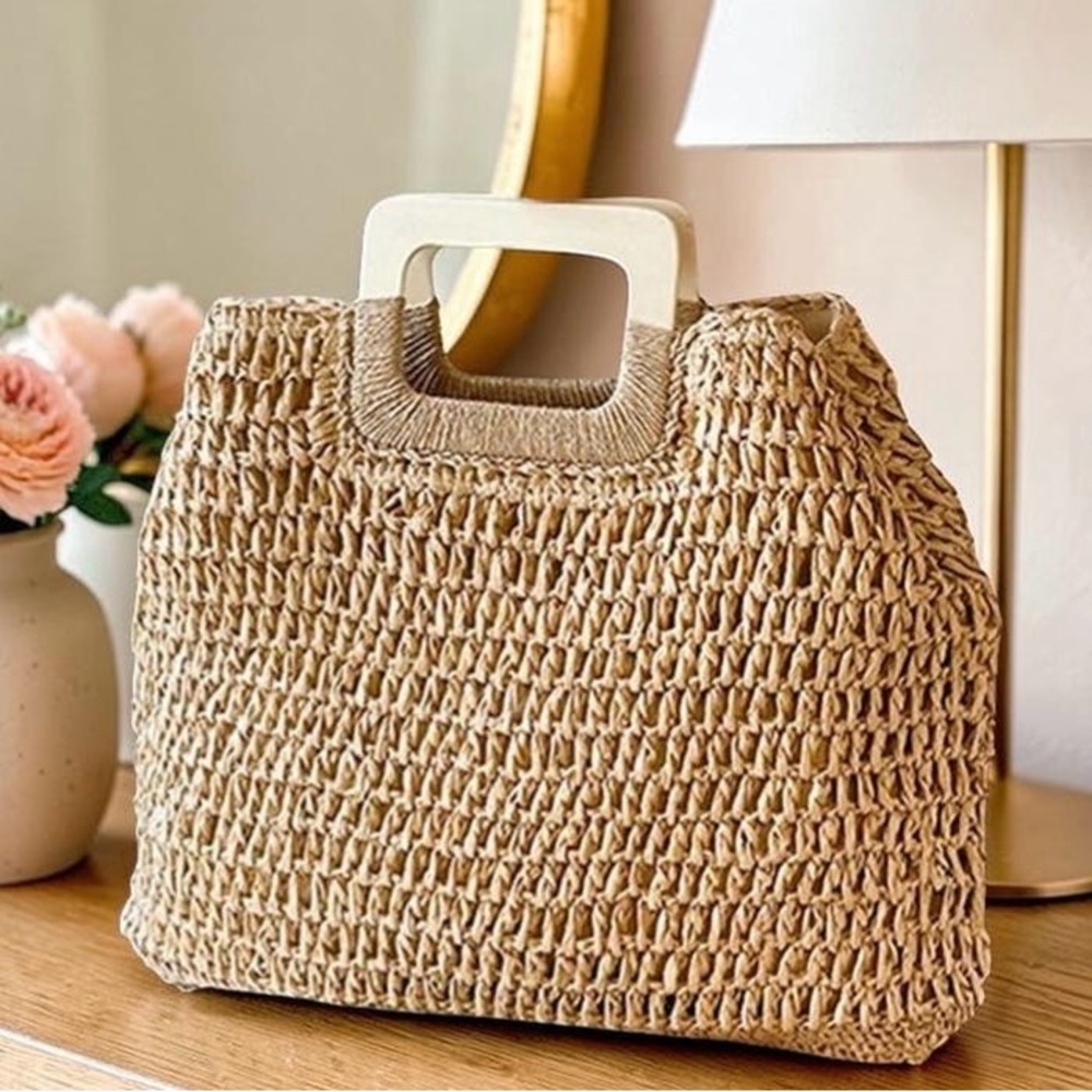 Woven Straw Tote Bag with Wooden Handles - Natural